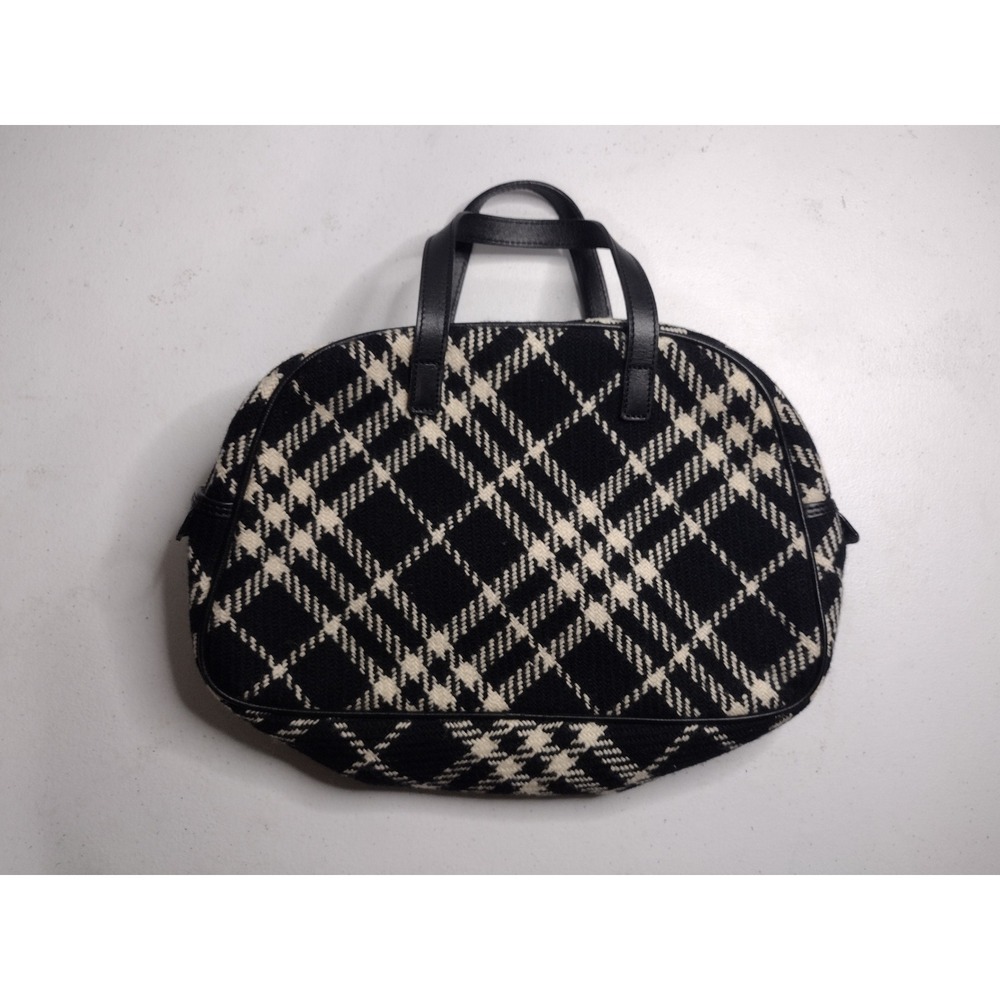 Burberry London Black White‎ Diagonal Plaid Wool Leather Satchel Handbag Italy - Picture 2 of 7